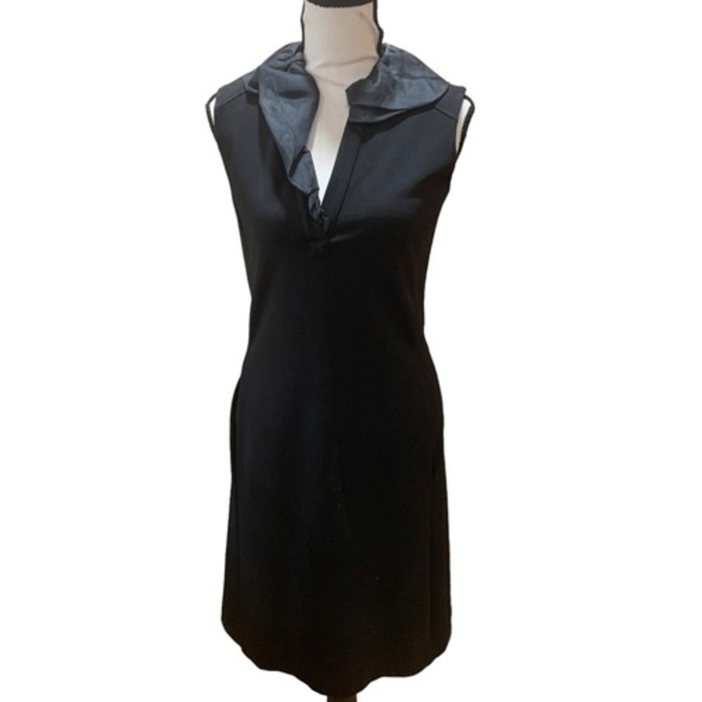 Piazza Sempione Little Black MIDI Sheath Dress Ruffle Neck Uneven Collar XS